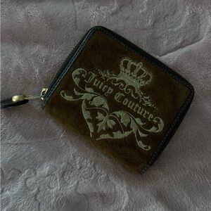 Juicy Couture Brown Suede Logo Zip Wallet with Cream Embroidery